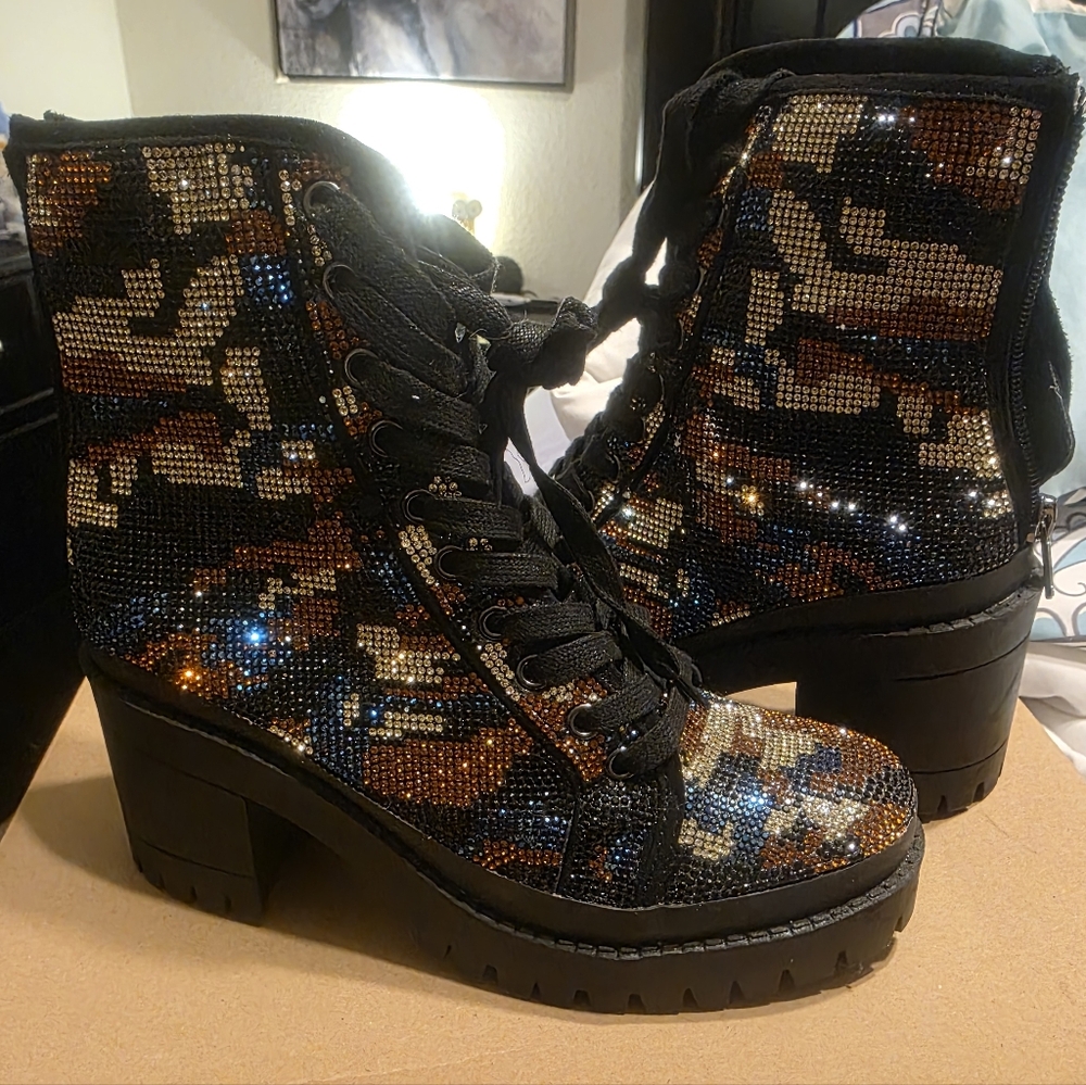 Sequin Lace-Up Ankle Boots - Black and Brown